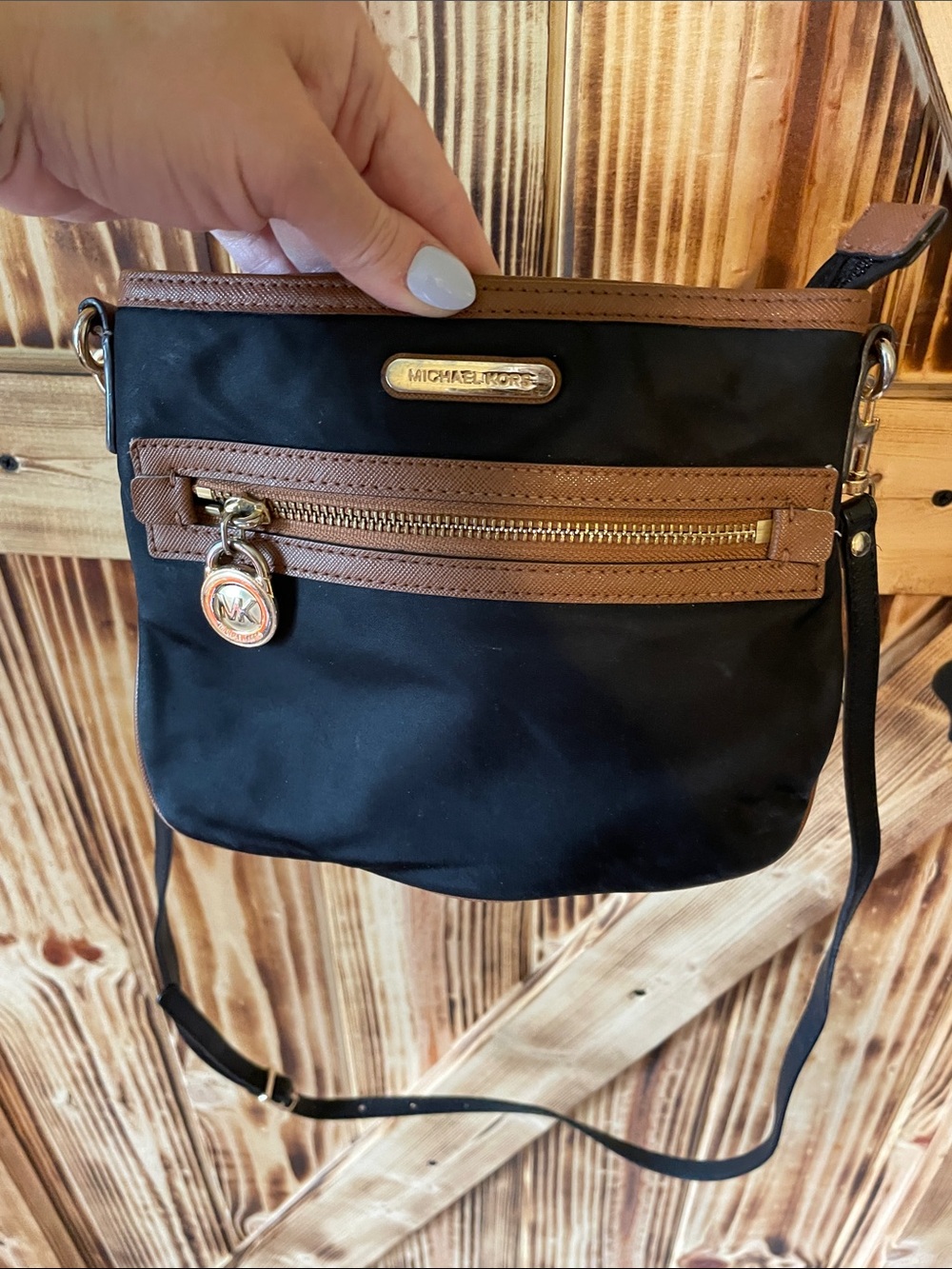 Michael Kors Black and Brown Trim Nylon Crossbody